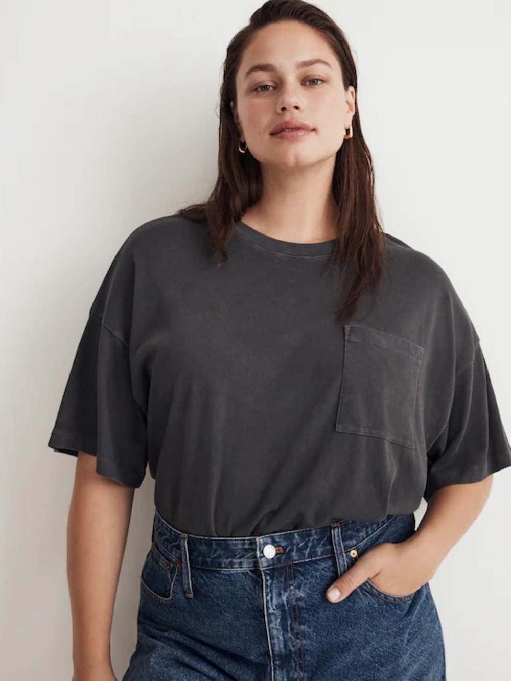 Madewell Garment-Dyed Oversized Pocket Tee in Black Coal Sz Medium